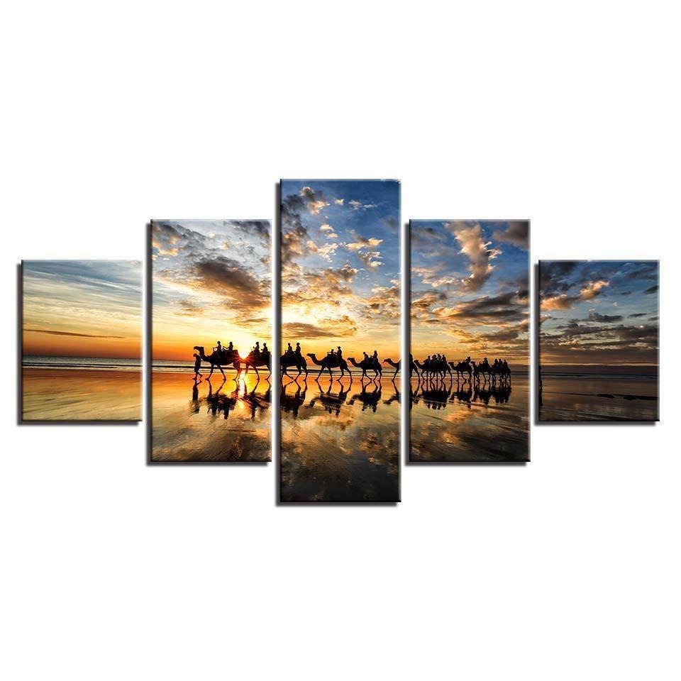 Beach Sunset Seaside Camels Team Nature Canvas Wall Art