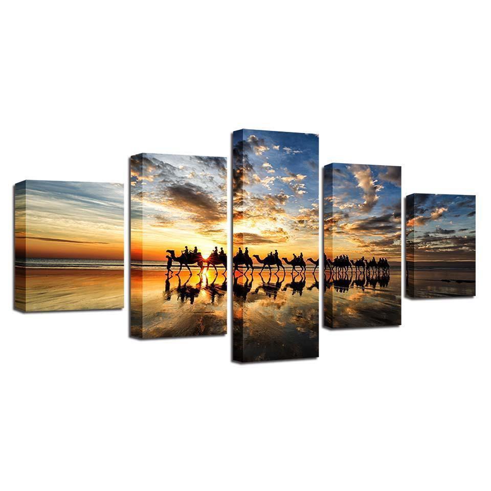 Beach Sunset Seaside Camels Team Nature Canvas Wall Art