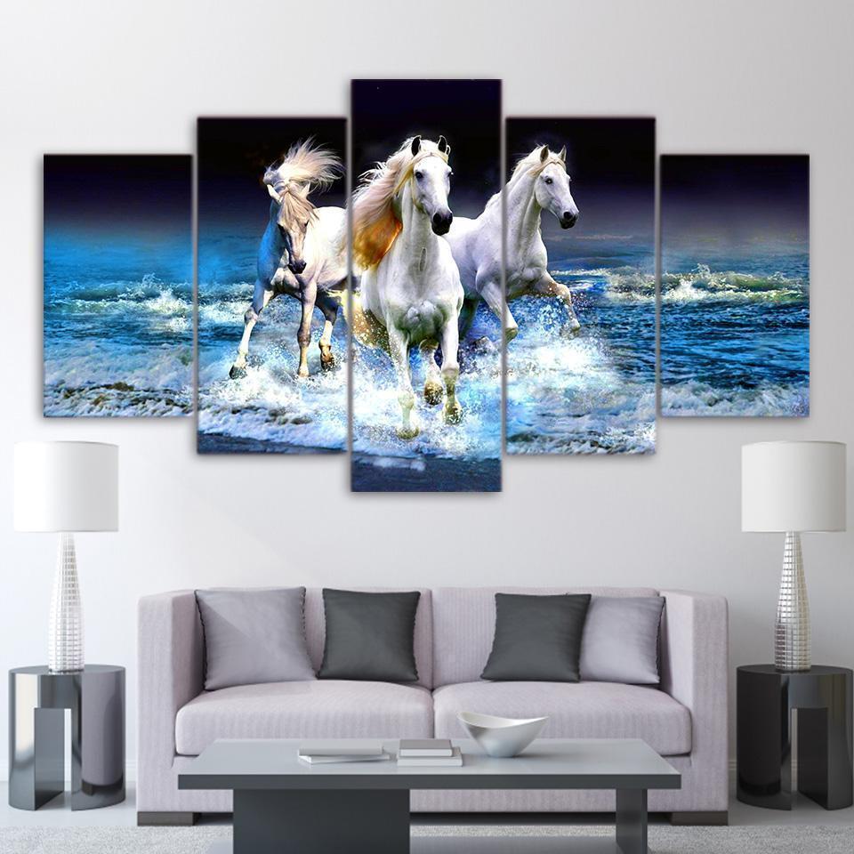 Beach Waves White Horses Racing Animal Canvas Wall Art