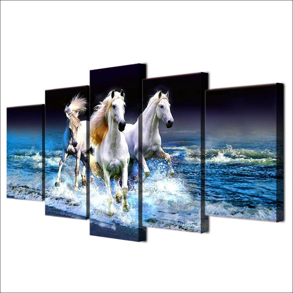Beach Waves White Horses Racing Animal Canvas Wall Art