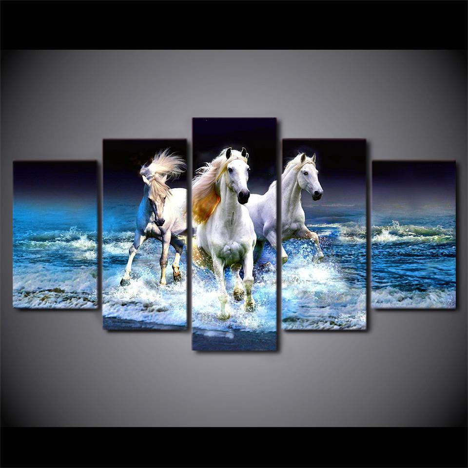 Beach Waves White Horses Racing Animal Canvas Wall Art