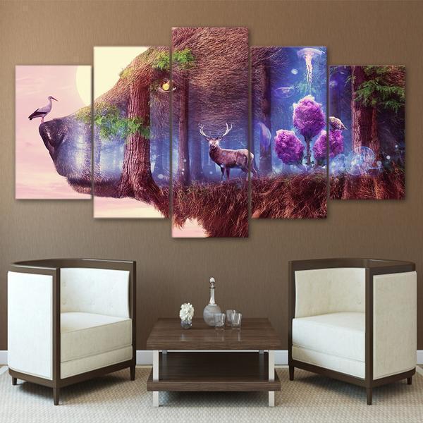 Bear Forest Bird Large Nature Canvas Wall Art