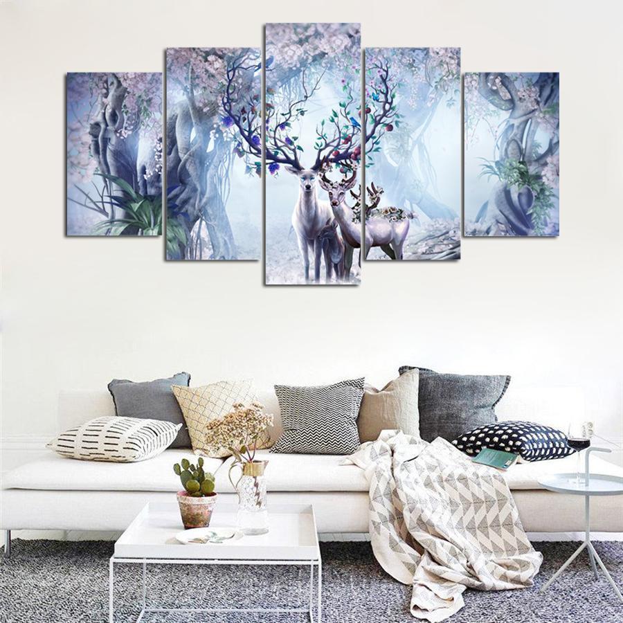 Beautiful Flower Deer Family Fantastic Abstract Animal Canvas Wall Art