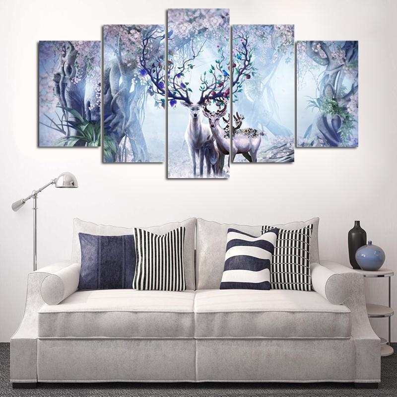 Beautiful Flower Deer Family Fantastic Abstract Animal Canvas Wall Art