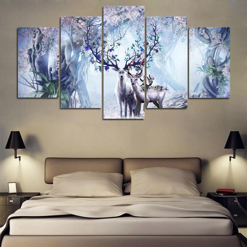 Beautiful Flower Deer Family Fantastic Abstract Animal Canvas Wall Art