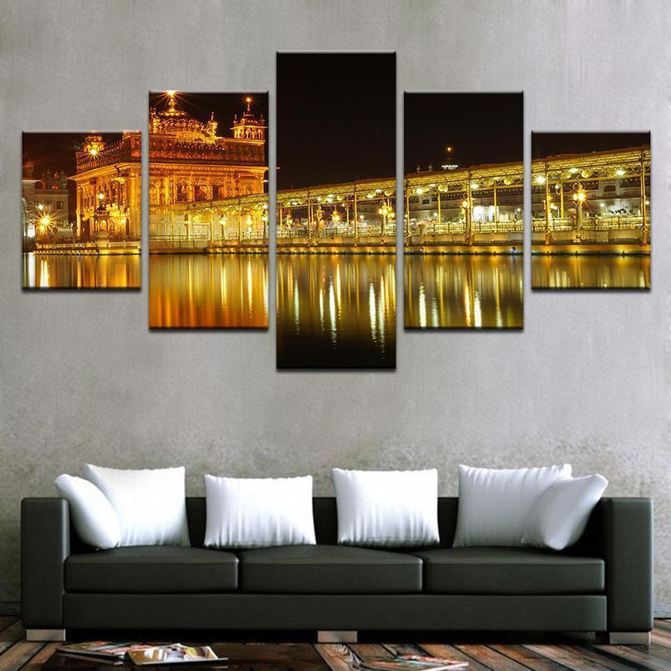Beautiful Golden Temple At Midnight Nature Canvas Wall Art