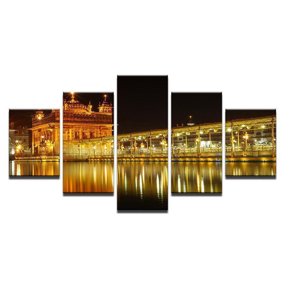 Beautiful Golden Temple At Midnight Nature Canvas Wall Art