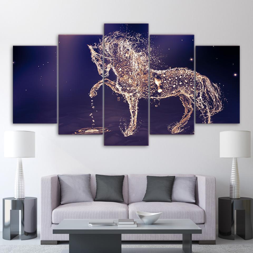 Beautiful Horse From The Water On A Blue Drops Abstract Animal Canvas Wall Art