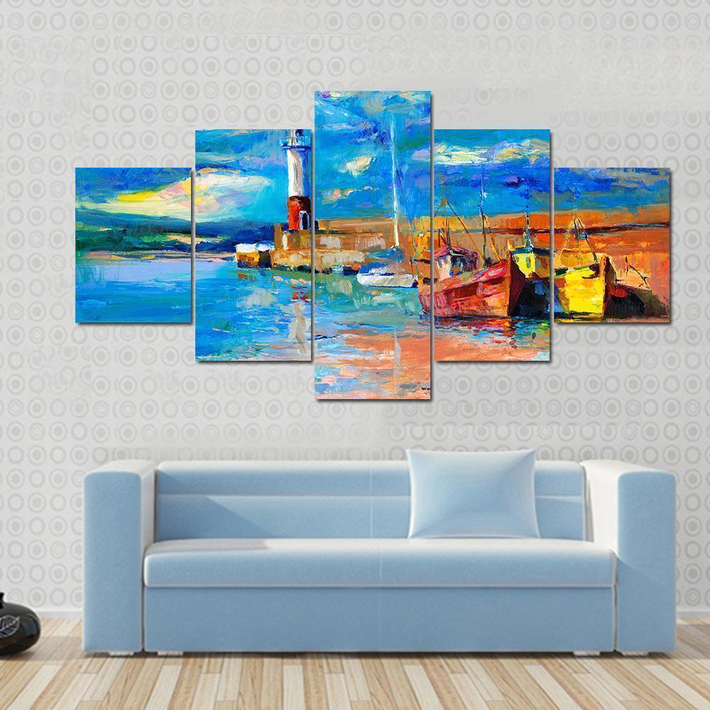 Beautiful Lighthouse And Boats On Nature Canvas Wall Art