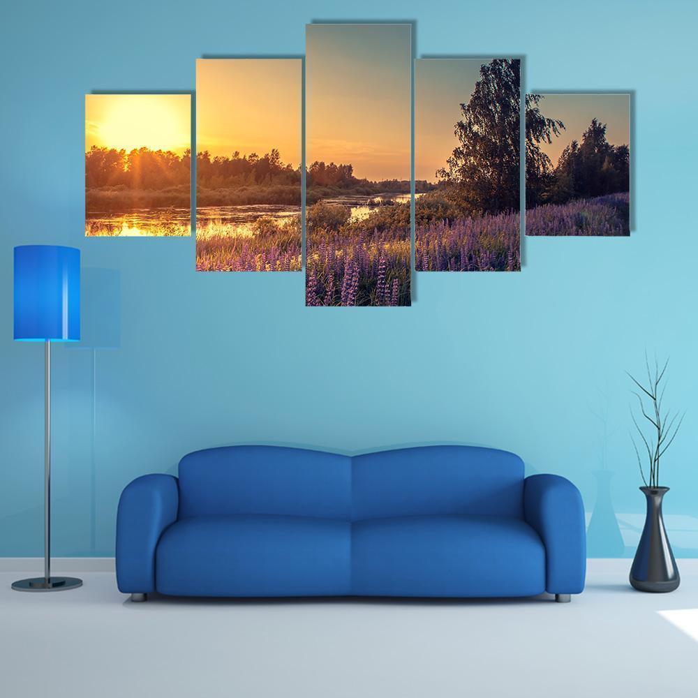Beautiful Lupines At Sunset Nature Canvas Wall Art