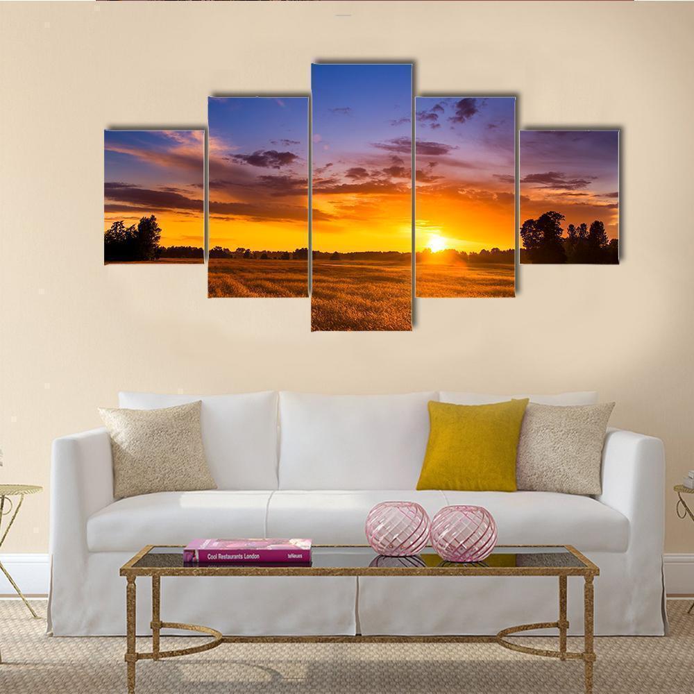 Beautiful Summer Sunset Over Fields Nature Canvas Wall Art
