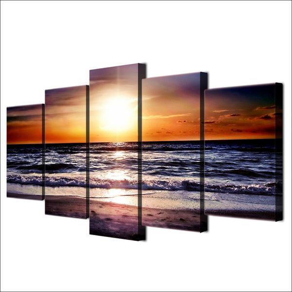 Beautiful Sunset On Beach Ocean, Gulf Or Sea Nature Canvas Wall Art