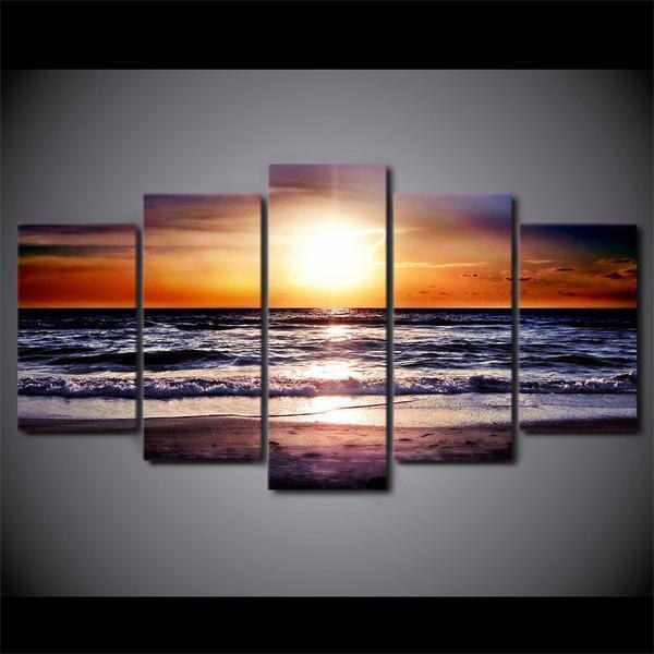 Beautiful Sunset On Beach Ocean, Gulf Or Sea Nature Canvas Wall Art