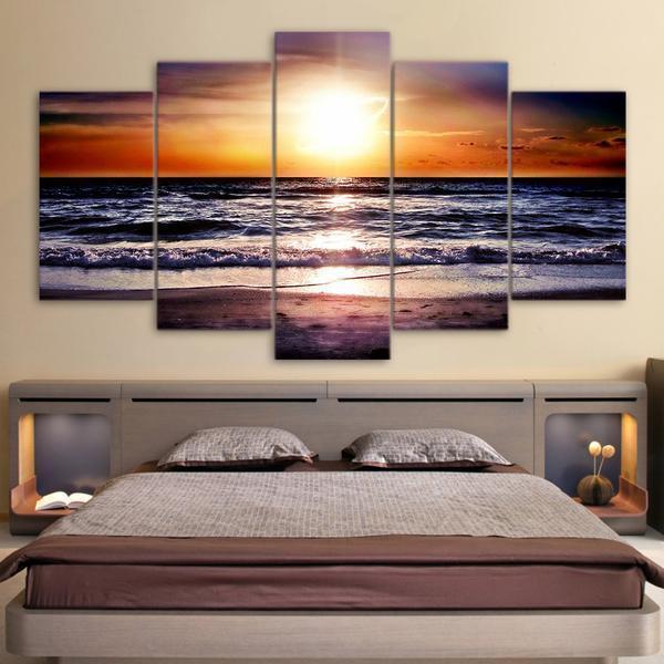 Beautiful Sunset On Beach Ocean, Gulf Or Sea Nature Canvas Wall Art