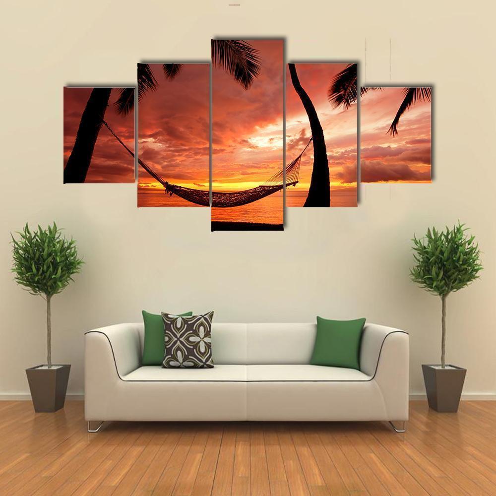 Beautiful Sunset With Palm Trees Nature Canvas Wall Art
