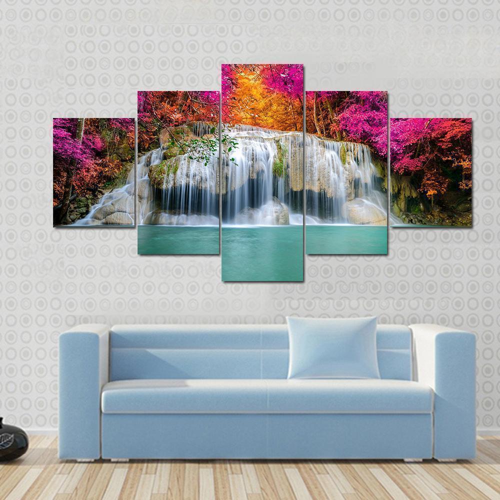 Beautiful Waterfall With Pink Trees Nature Canvas Wall Art