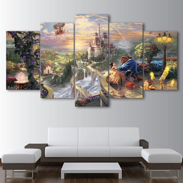 Beauty And The Beast Castle Fairyland Cartoon Canvas Wall Art