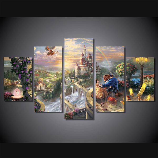 Beauty And The Beast Castle Fairyland Cartoon Canvas Wall Art
