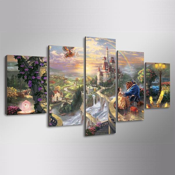 Beauty And The Beast Castle Fairyland Cartoon Canvas Wall Art