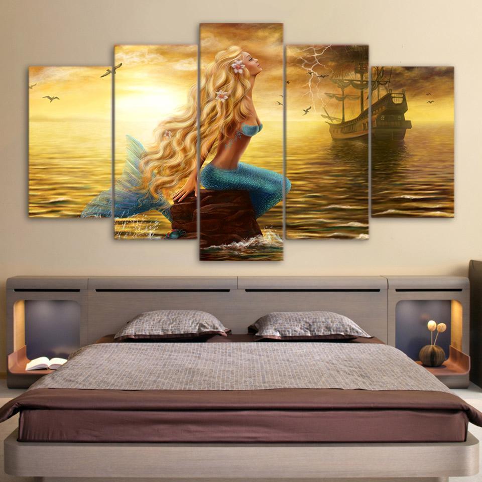 Beauty Mermaid &amp;amp; Boat On Golden Sea Ocean Canvas Wall Art