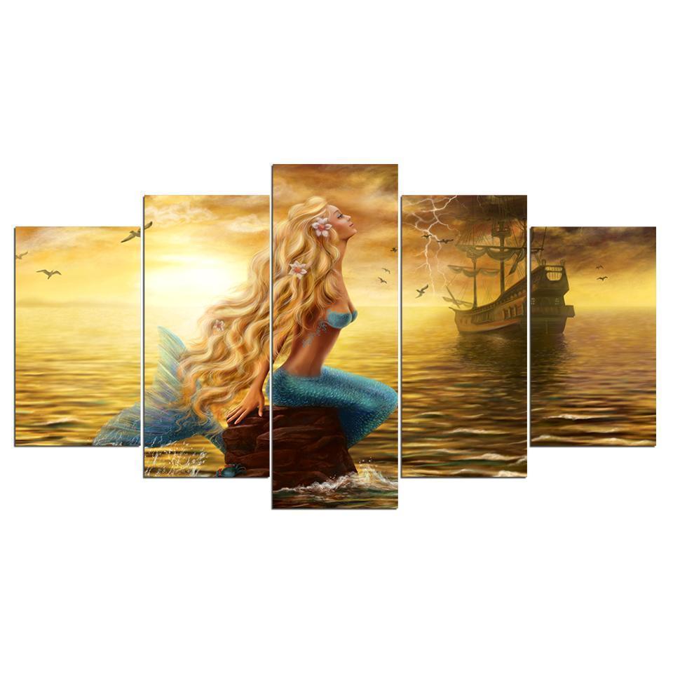 Beauty Mermaid &amp;amp; Boat On Golden Sea Ocean Canvas Wall Art