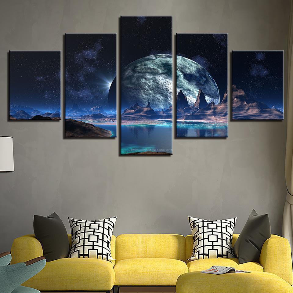 Big Moon Mountain Lake Abstract Nature Canvas Wall Art