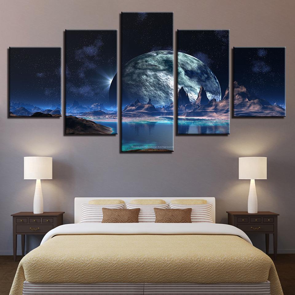 Big Moon Mountain Lake Abstract Nature Canvas Wall Art