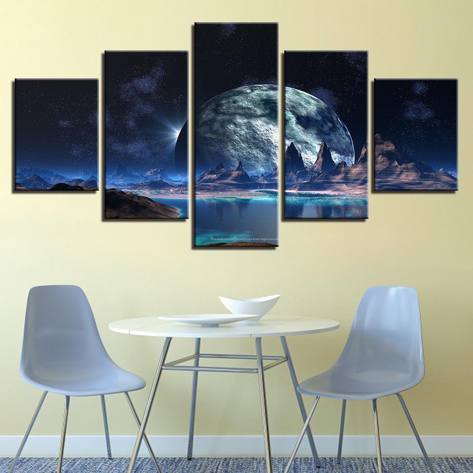 Big Moon Mountain Lake Abstract Nature Canvas Wall Art