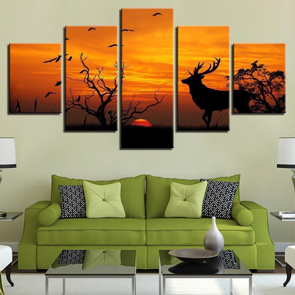 Birds Tree Forest Animal Deer Sunset Silhouette Animal Canvas Wall Art