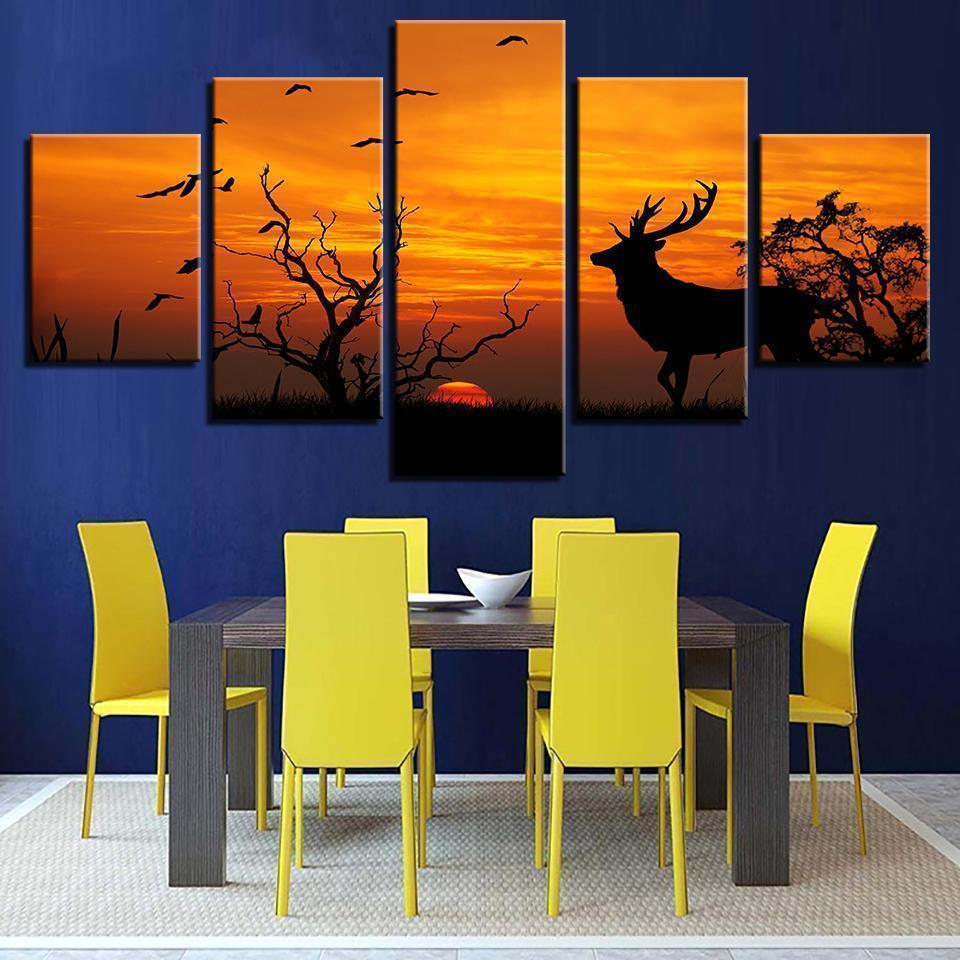 Birds Tree Forest Animal Deer Sunset Silhouette Animal Canvas Wall Art