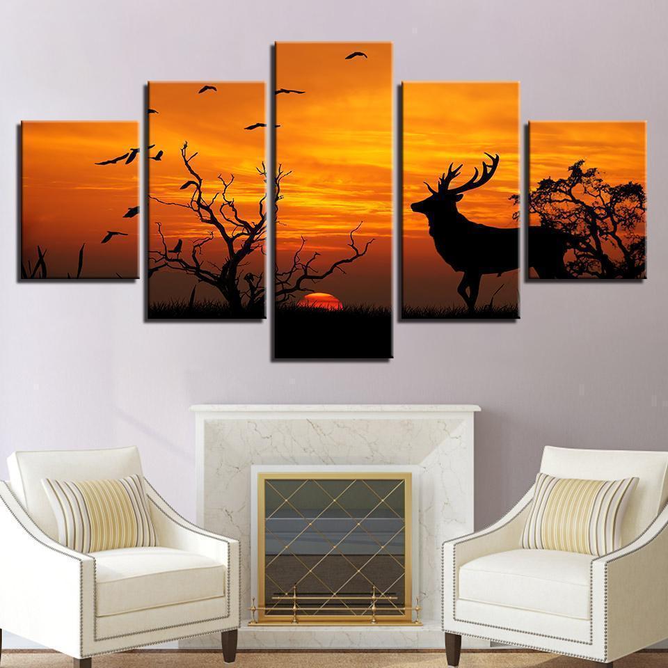 Birds Tree Forest Animal Deer Sunset Silhouette Animal Canvas Wall Art