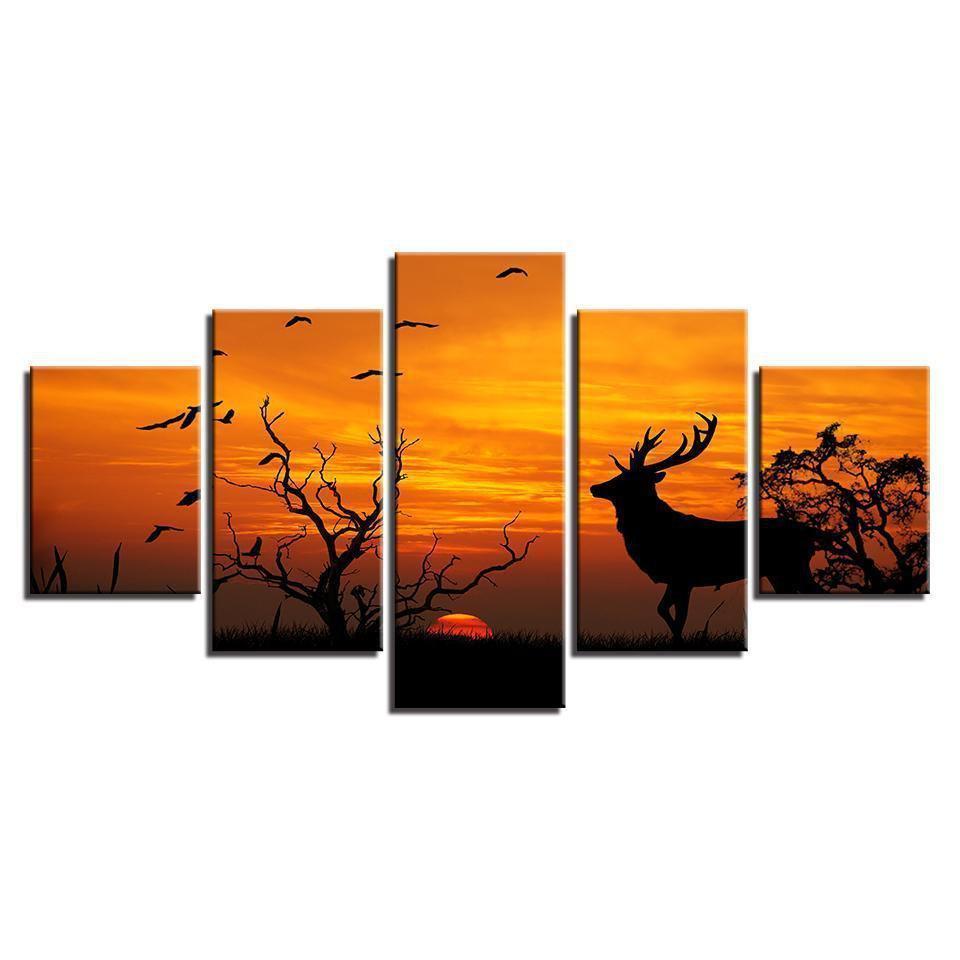 Birds Tree Forest Animal Deer Sunset Silhouette Animal Canvas Wall Art