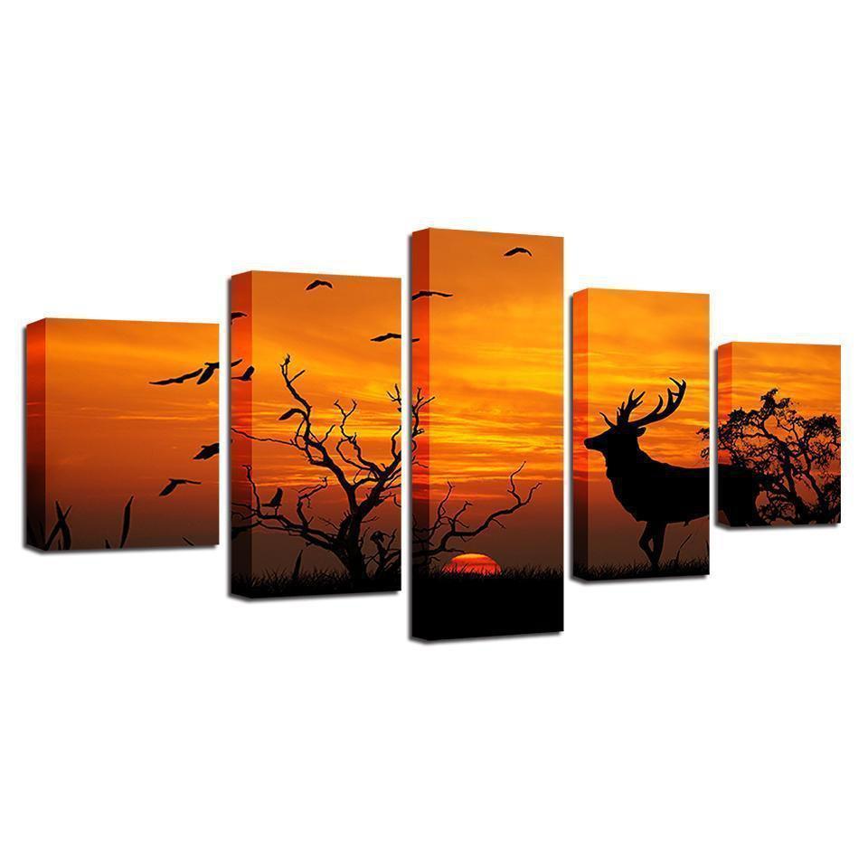 Birds Tree Forest Animal Deer Sunset Silhouette Animal Canvas Wall Art