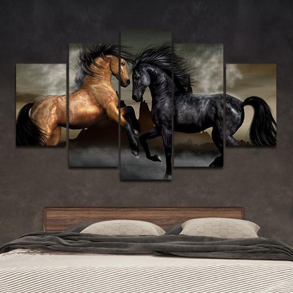 Black And Bay Horses Animal Canvas Wall Art