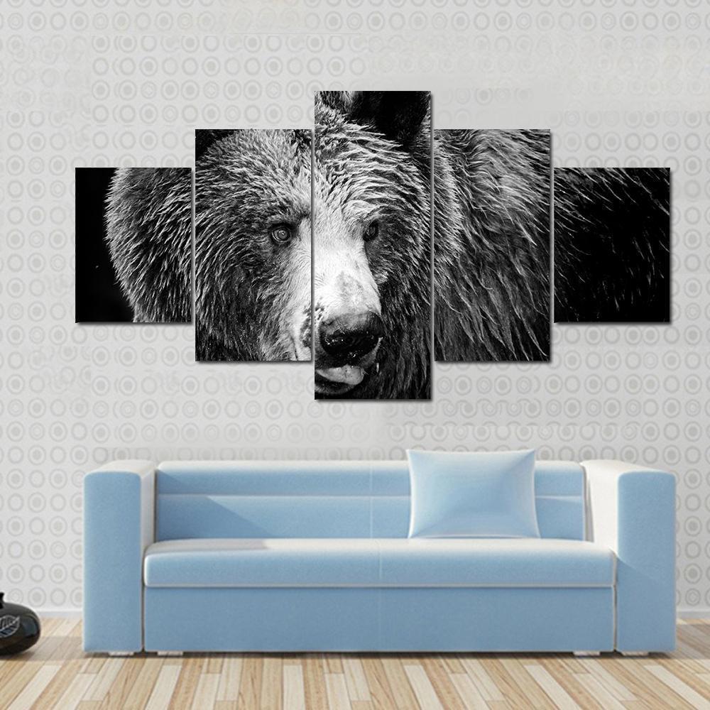 Black And White Portrait Of An Imposing Bear Animal Canvas Wall Art