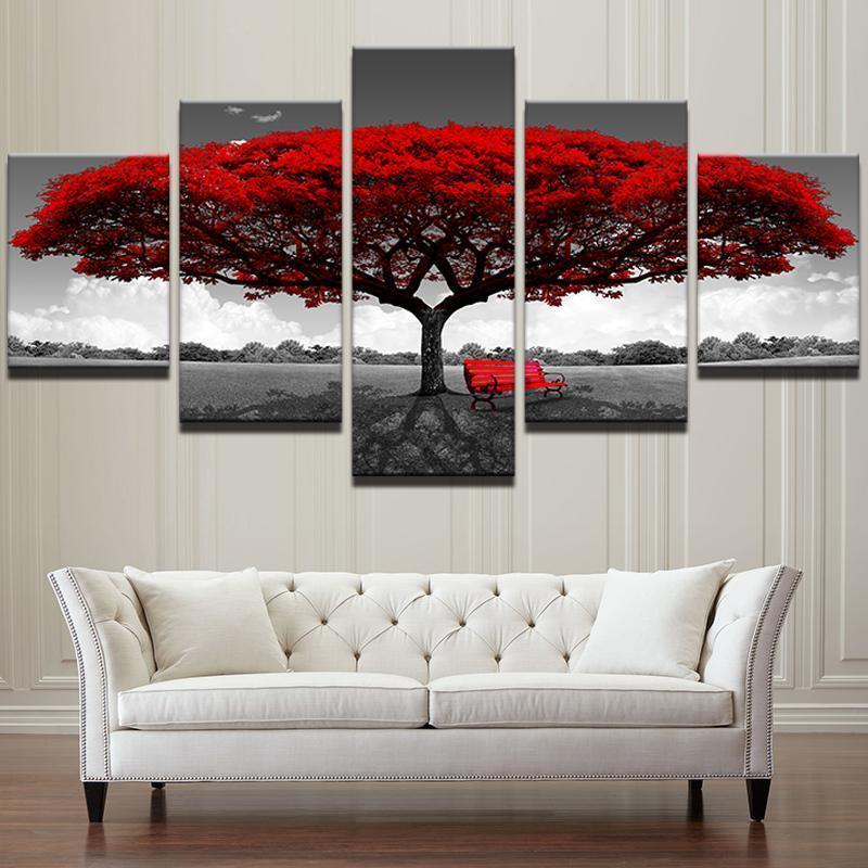 Black And White Red Big Tree Nature Canvas Wall Art