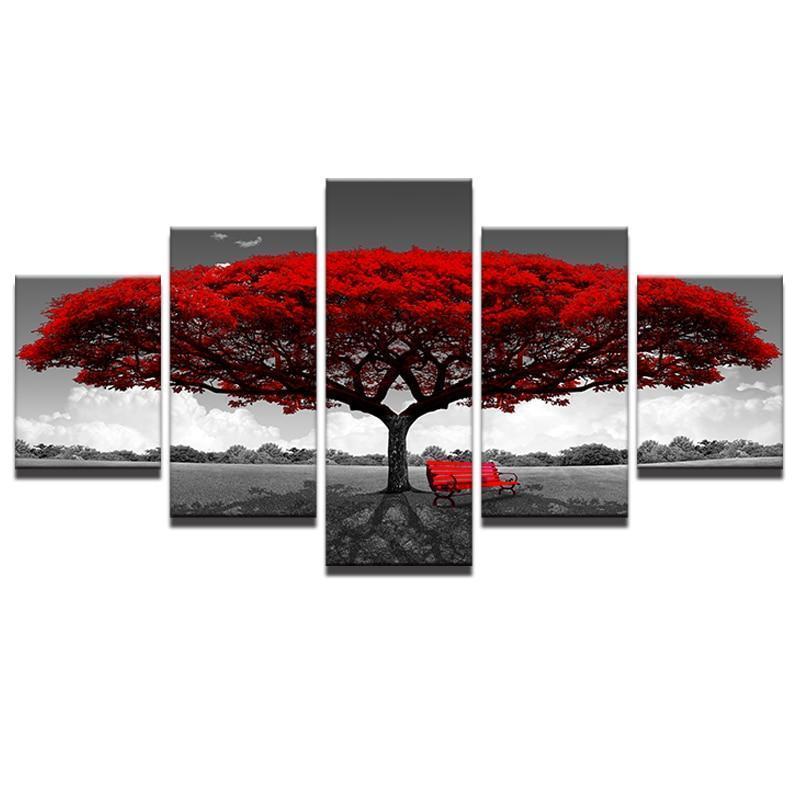 Black And White Red Big Tree Nature Canvas Wall Art