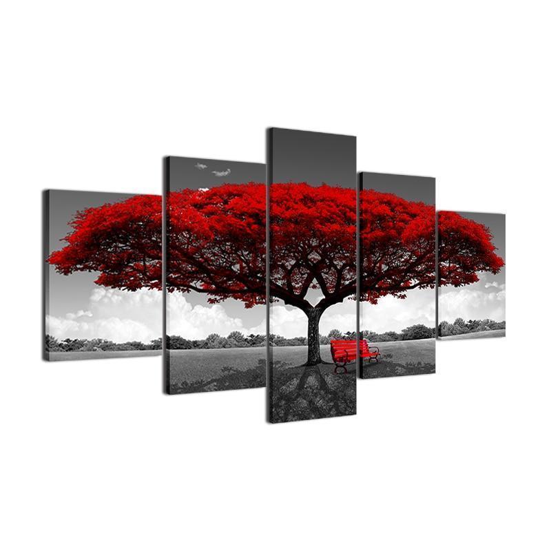 Black And White Red Big Tree Nature Canvas Wall Art