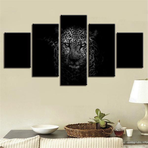 Black Background With Leopard Animal Canvas Wall Art