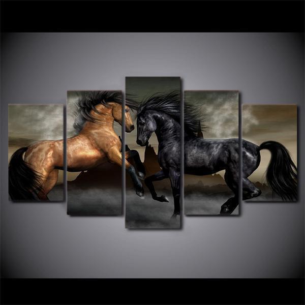 Black Brown Horses Animal Canvas Wall Art