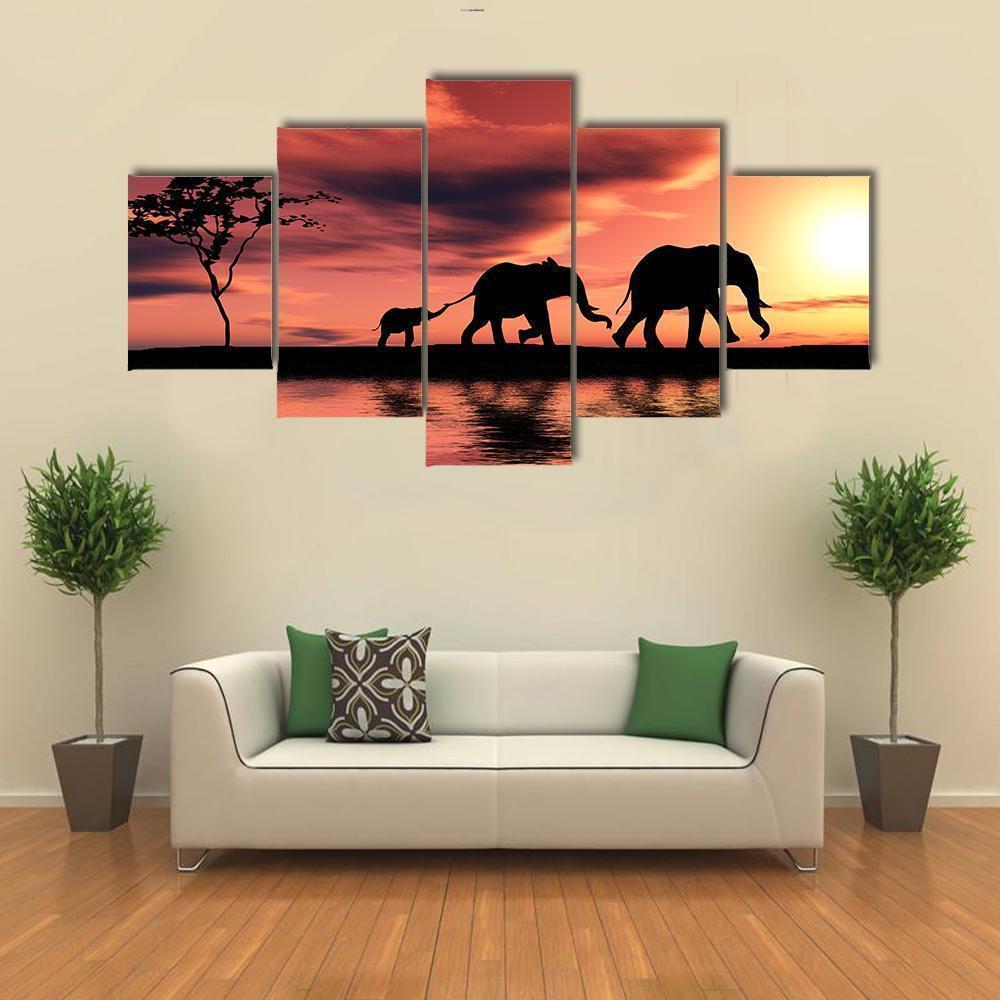 Black Elephant Silhouettes By A River Animal Canvas Wall Art