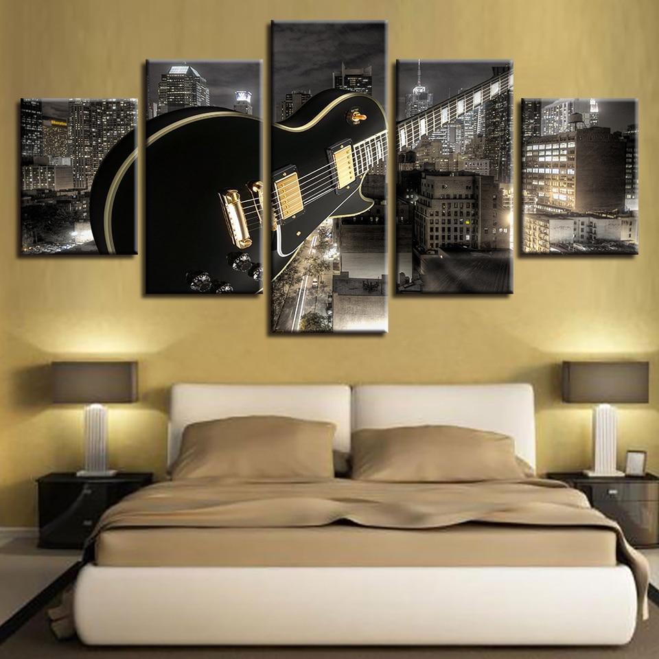 Black Guitar In Night View Music Canvas Wall Art