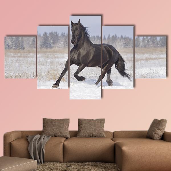 Black Horse Running In Snow Animal Canvas Wall Art