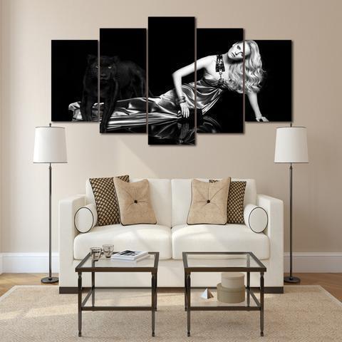 Black Panther And Women Abstract Animal Canvas Wall Art