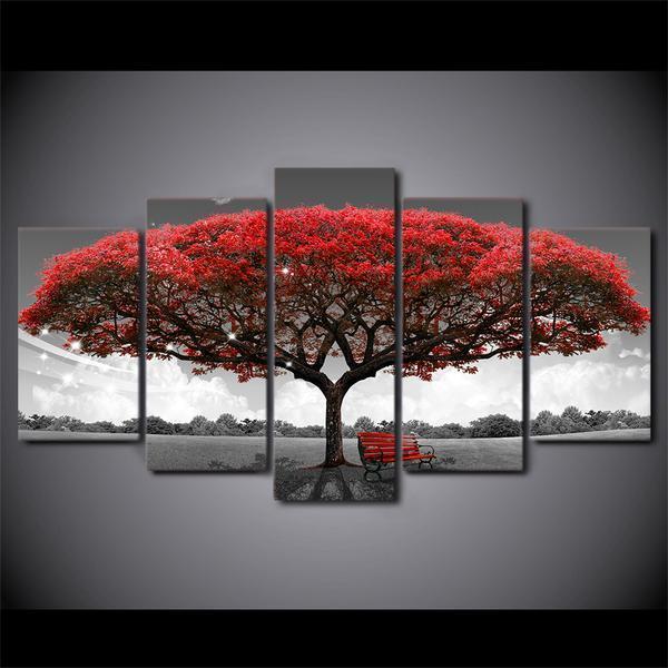 Black, Red And White Tree Nature Canvas Wall Art