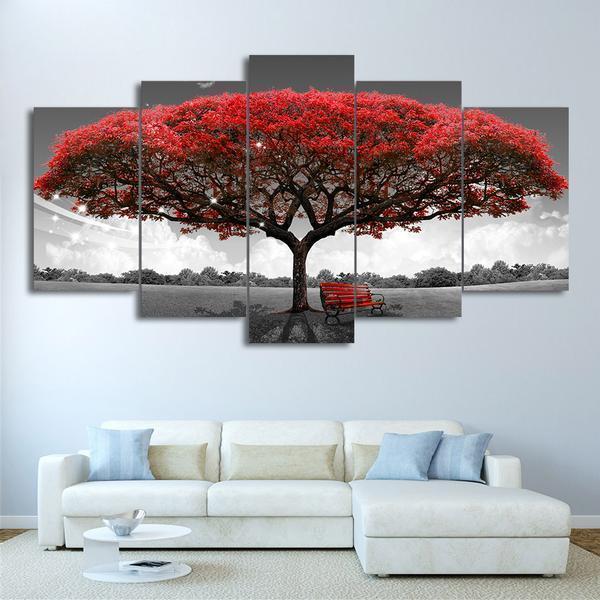 Black, Red And White Tree Nature Canvas Wall Art