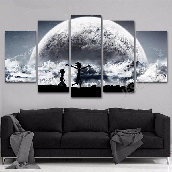 Black Star Moon Earth Rick And Morty Panel Cartoon Canvas Wall Art