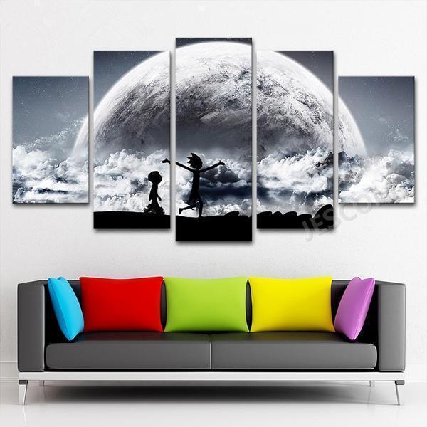 Black Star Moon Earth Rick And Morty Panel Cartoon Canvas Wall Art