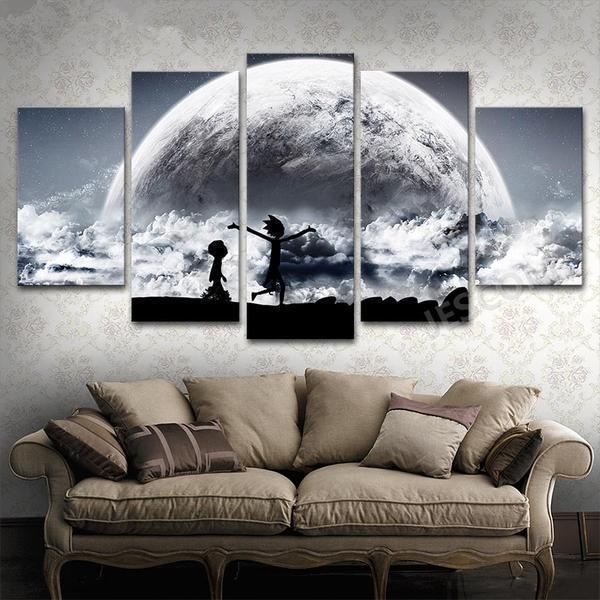 Black Star Moon Earth Rick And Morty Panel Cartoon Canvas Wall Art
