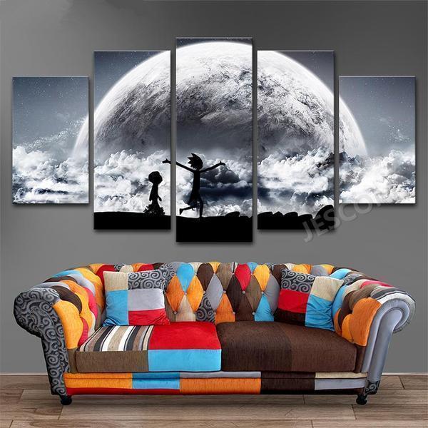 Black Star Moon Earth Rick And Morty Panel Cartoon Canvas Wall Art